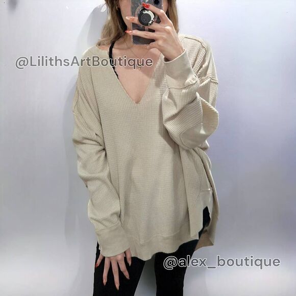 We The Free Sweaters - Free People Oversized Waffle Knit Sweater(J016)-Size L for Women